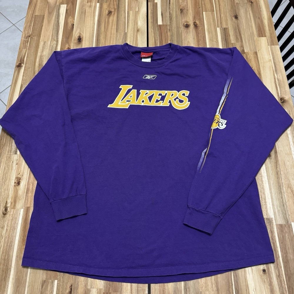 Vintage LA Lakers Shirt Mens 2XL Reebok Purple Long Sleeve Script Logo Baggy Y2K